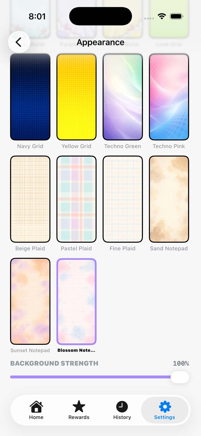 The backdrop picker, showing the wallpapers a look can carry.