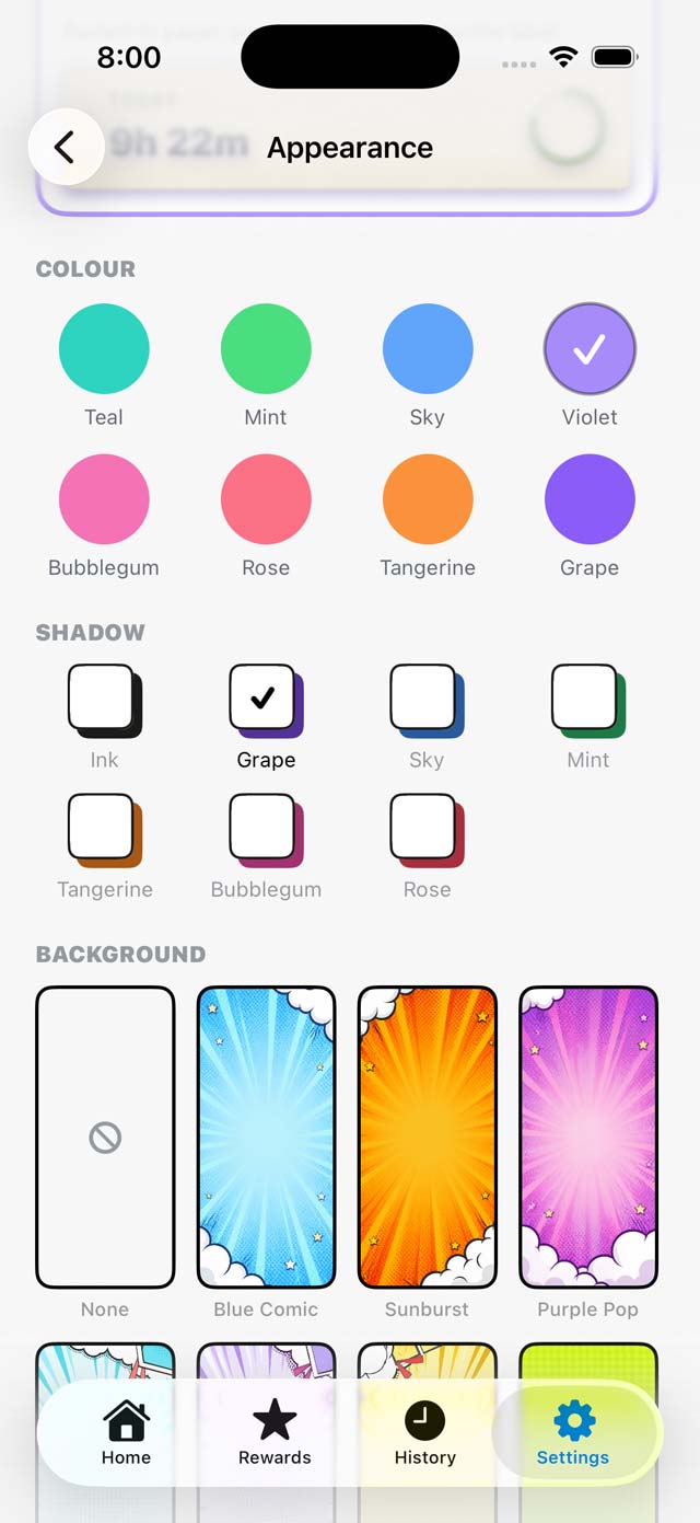 The colour picker: eight accents and a set of shadow tints.