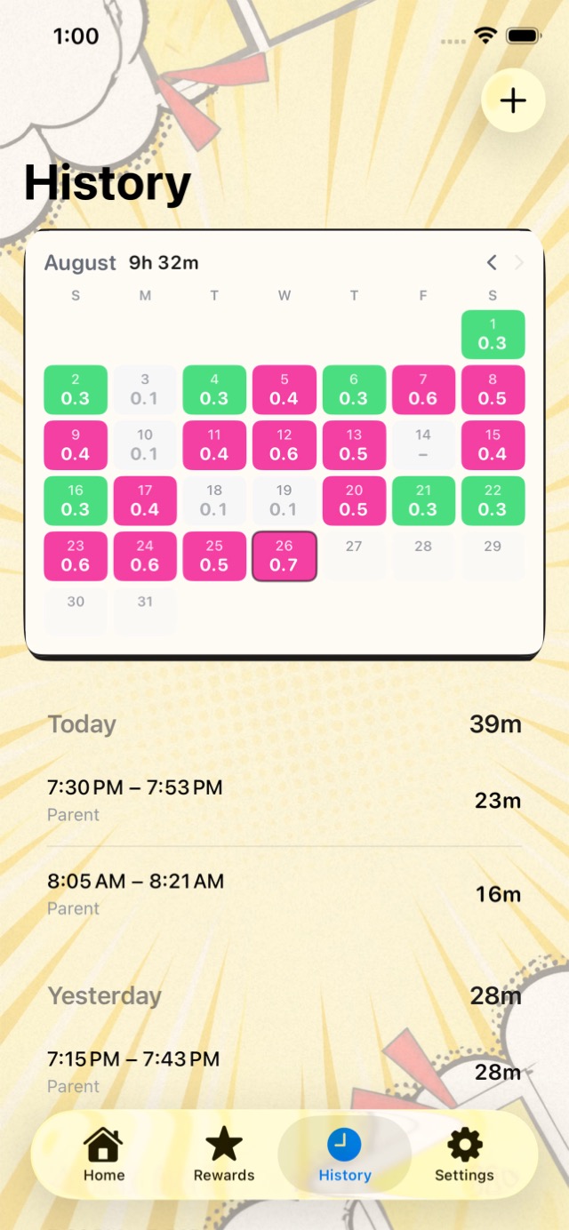 The history screen: a calendar of logged days and the sessions behind them.