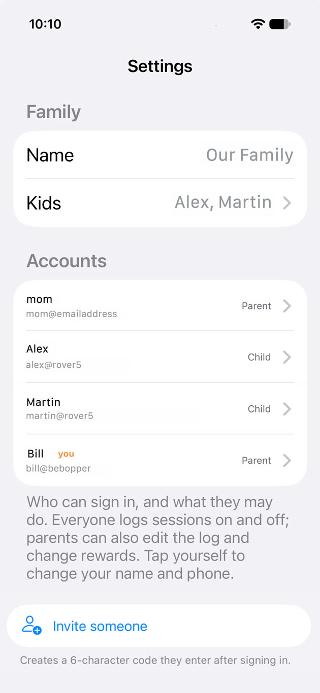 The family's accounts in Settings: two parents and two kids, each signing in on their own device.