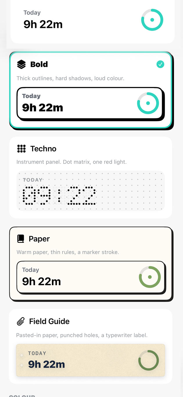 The appearance picker, showing the five styles one under another.